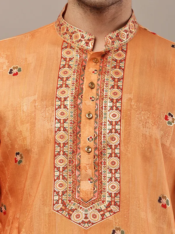 Rust_Orange_Embroidered_Kurta_with_Cream_Pyjama_&_Traditional_Neck_Detailing_For_Men