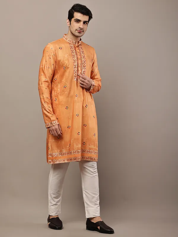 Rust_Orange_Embroidered_Kurta_with_Cream_Pyjama_&_Traditional_Neck_Detailing_For_Men