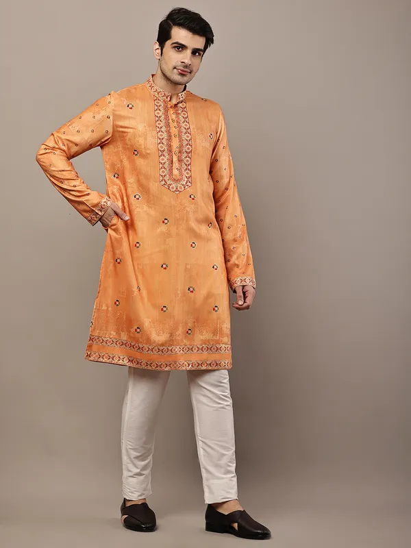 Rust_Orange_Embroidered_Kurta_with_Cream_Pyjama_&_Traditional_Neck_Detailing_For_Men
