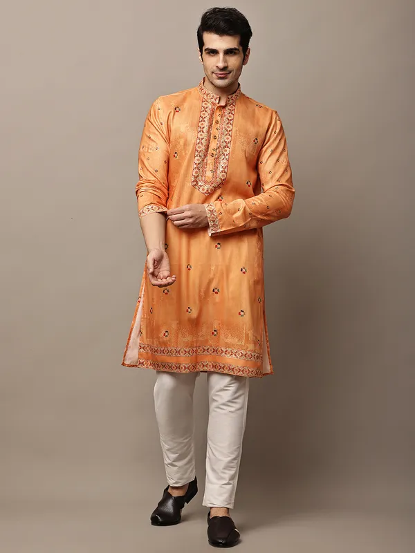 Rust_Orange_Embroidered_Kurta_with_Cream_Pyjama_&_Traditional_Neck_Detailing_For_Men