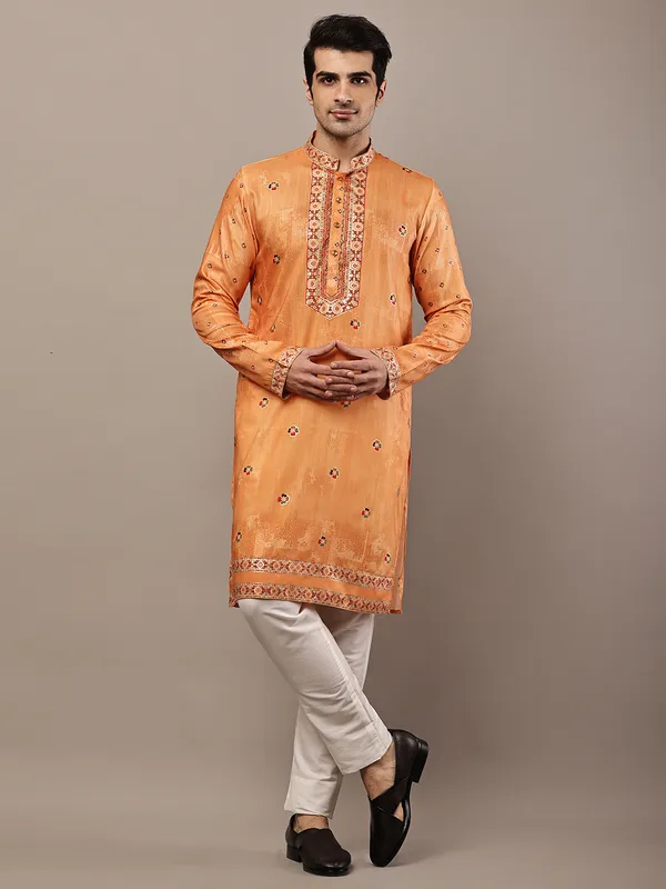 Rust_Orange_Embroidered_Kurta_with_Cream_Pyjama_&_Traditional_Neck_Detailing_For_Men