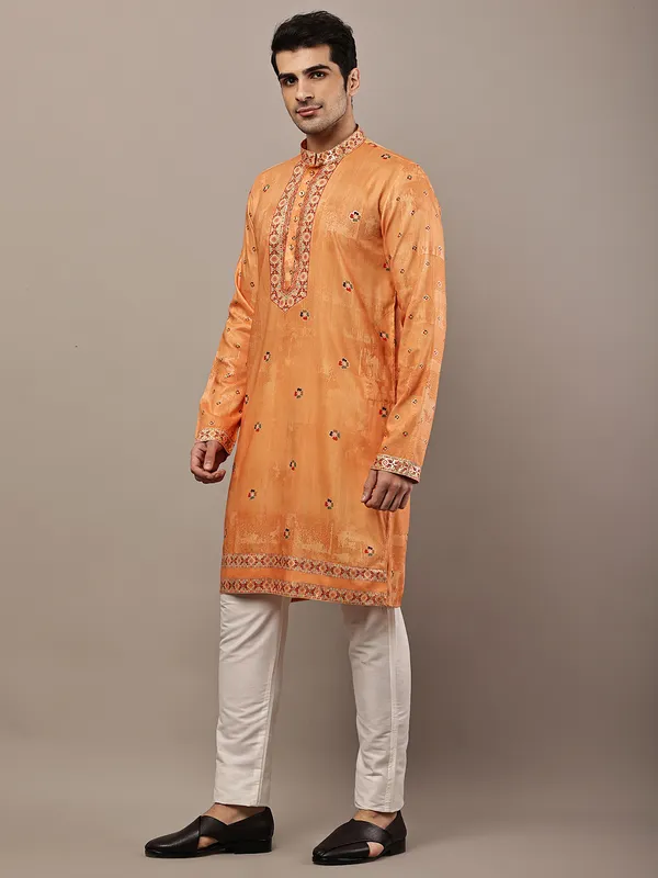 Rust_Orange_Embroidered_Kurta_with_Cream_Pyjama_&_Traditional_Neck_Detailing_For_Men