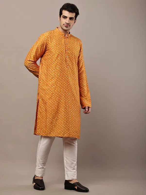 Mustard_Printed_Kurta_with_Cream_Pyjama_&_All-Over_Ethnic_Motifs_For_Men