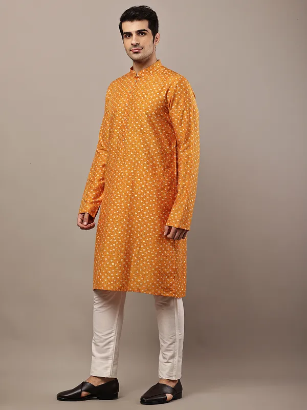 Mustard_Printed_Kurta_with_Cream_Pyjama_&_All-Over_Ethnic_Motifs_For_Men