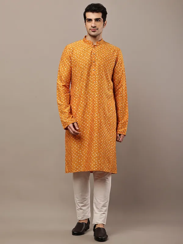 Mustard_Printed_Kurta_with_Cream_Pyjama_&_All-Over_Ethnic_Motifs_For_Men