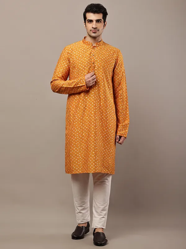Mustard_Printed_Kurta_with_Cream_Pyjama_&_All-Over_Ethnic_Motifs_For_Men