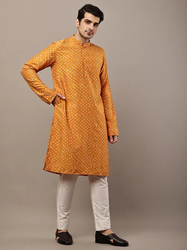 Mustard_Printed_Kurta_with_Cream_Pyjama_&_All-Over_Ethnic_Motifs_For_Men