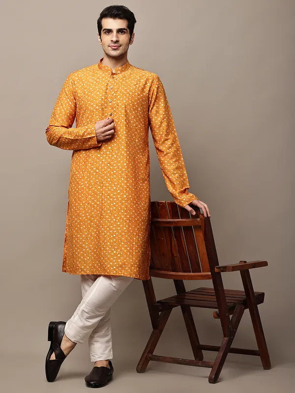 Mustard_Printed_Kurta_with_Cream_Pyjama_&_All-Over_Ethnic_Motifs_For_Men