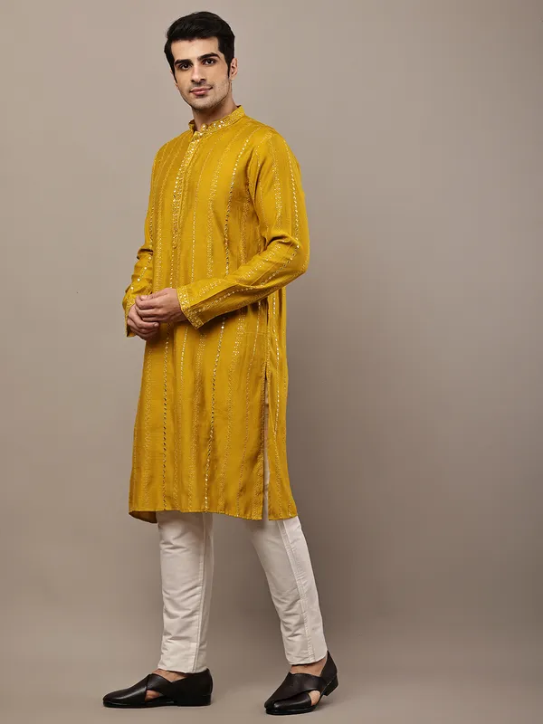 Mustard_Textured_Embroidered_Kurta__For_Men