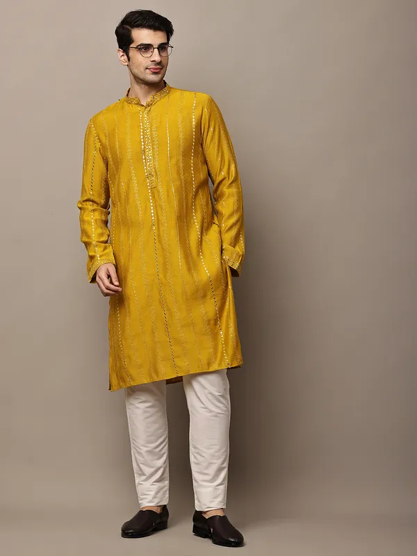 Mustard_Textured_Embroidered_Kurta__For_Men