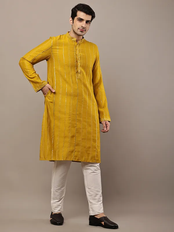 Mustard_Textured_Embroidered_Kurta__For_Men