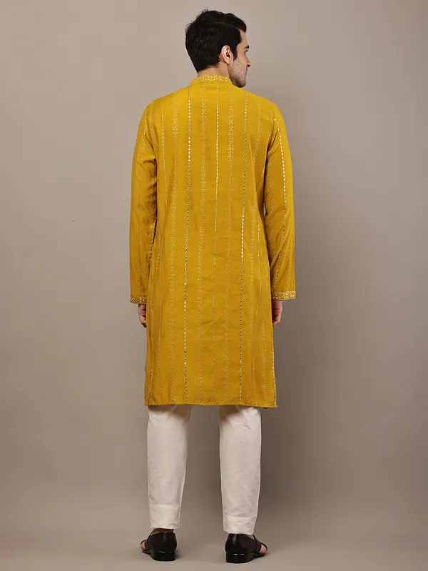 Mustard_Textured_Embroidered_Kurta__For_Men