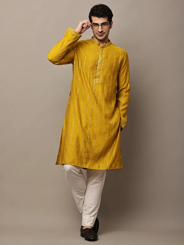 Mustard_Textured_Embroidered_Kurta__For_Men