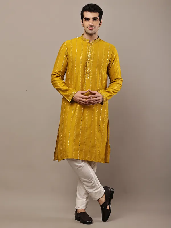 Mustard_Textured_Embroidered_Kurta__For_Men