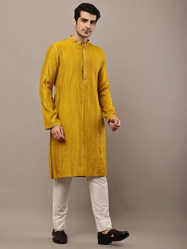 Mustard_Textured_Embroidered_Kurta__For_Men
