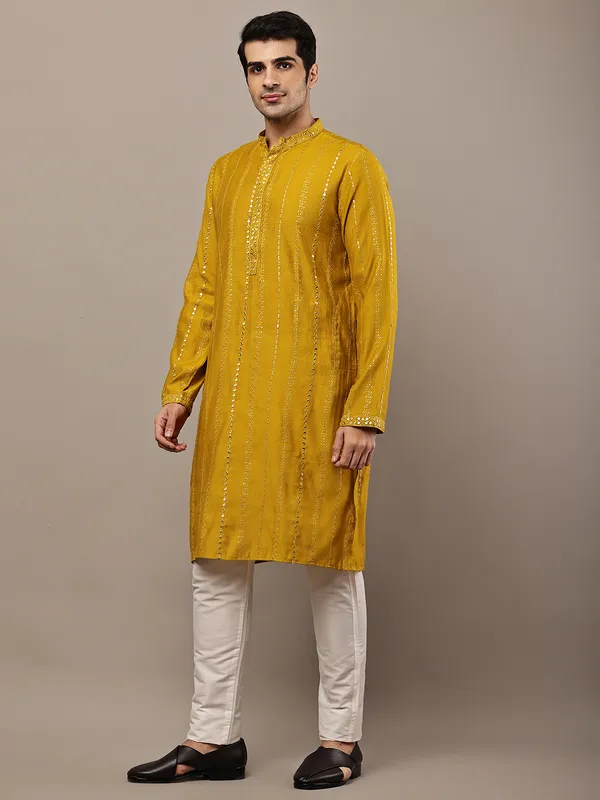 Mustard_Textured_Embroidered_Kurta__For_Men