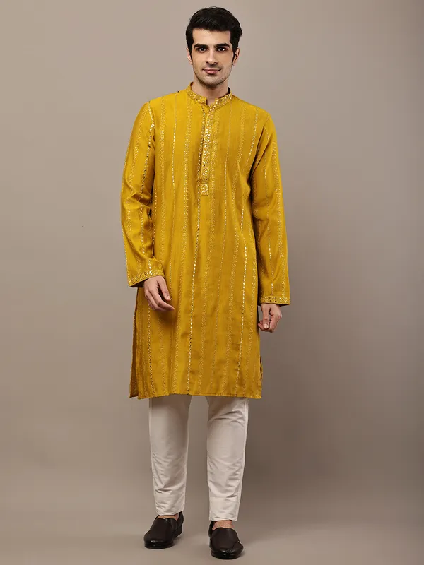 Mustard_Textured_Embroidered_Kurta__For_Men