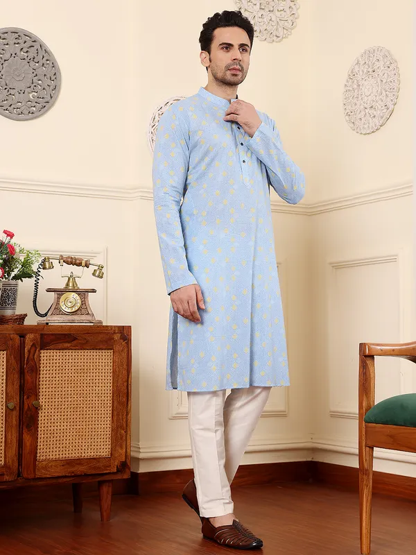 Blue_Elegant_Printed_Straight_Cotton_Kurta_For_Men