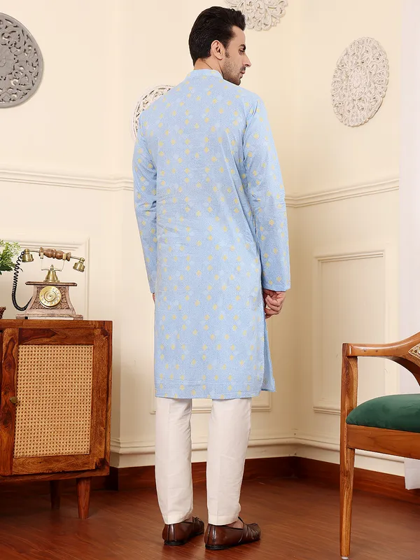 Blue_Elegant_Printed_Straight_Cotton_Kurta_For_Men