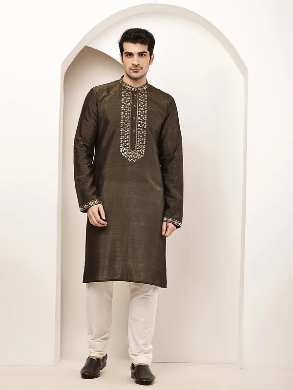 Green_Viscose_Silk_Zari-Work_Straight_Kurta_For_Men