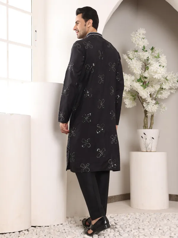 Black_Straight_Rayon_Silk_Embroidered_Neckline_And_Motifs_Kurta_For_Men