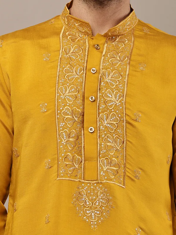 Mustard_Embroidered_Kurta_Set_with_Cream_Pajama_For_Men