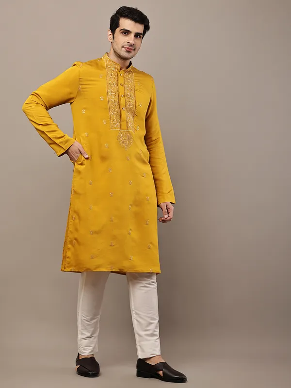 Mustard_Embroidered_Kurta_Set_with_Cream_Pajama_For_Men