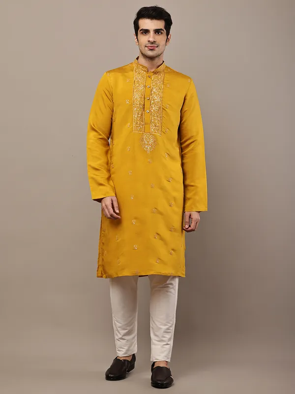 Mustard_Embroidered_Kurta_Set_with_Cream_Pajama_For_Men