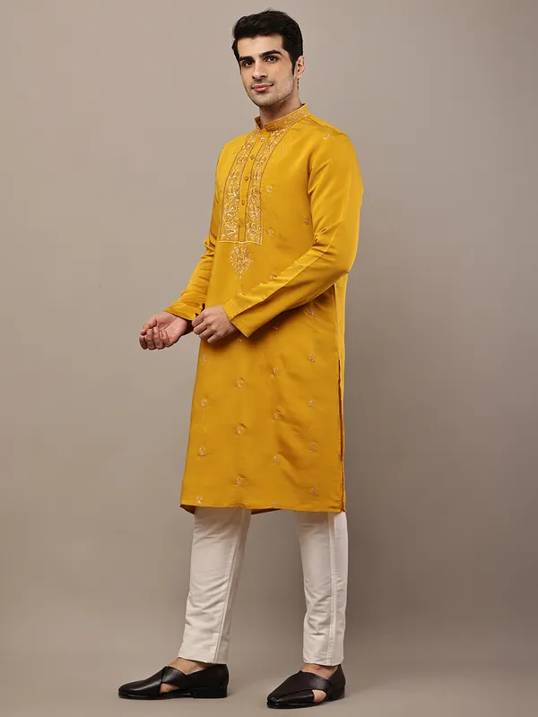 Mustard_Embroidered_Kurta_Set_with_Cream_Pajama_For_Men