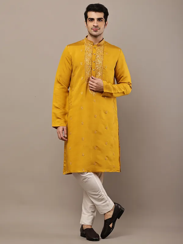 Mustard_Embroidered_Kurta_Set_with_Cream_Pajama_For_Men