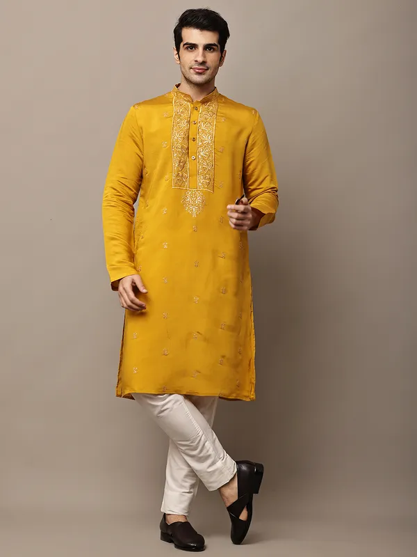 Mustard_Embroidered_Kurta_Set_with_Cream_Pajama_For_Men