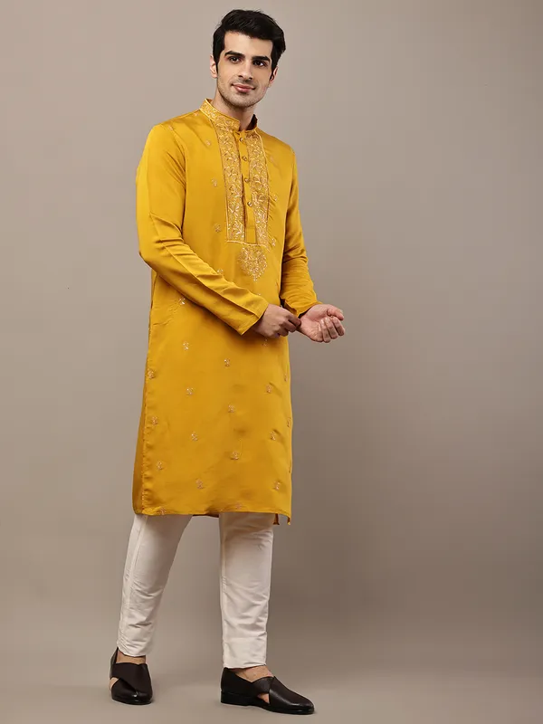 Mustard_Embroidered_Kurta_Set_with_Cream_Pajama_For_Men