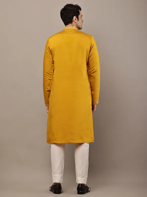 Mustard_Embroidered_Kurta_Set_with_Cream_Pajama_For_Men
