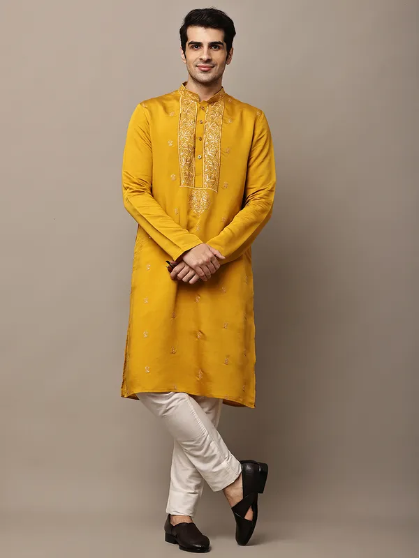Mustard_Embroidered_Kurta_Set_with_Cream_Pajama_For_Men