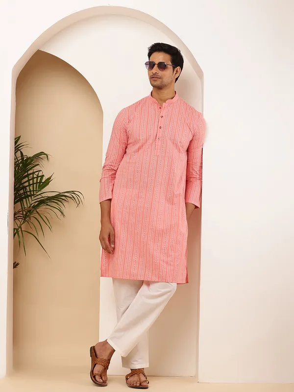 Coral_Pink_Cotton_All-Over_Print_Kurta_For_Men