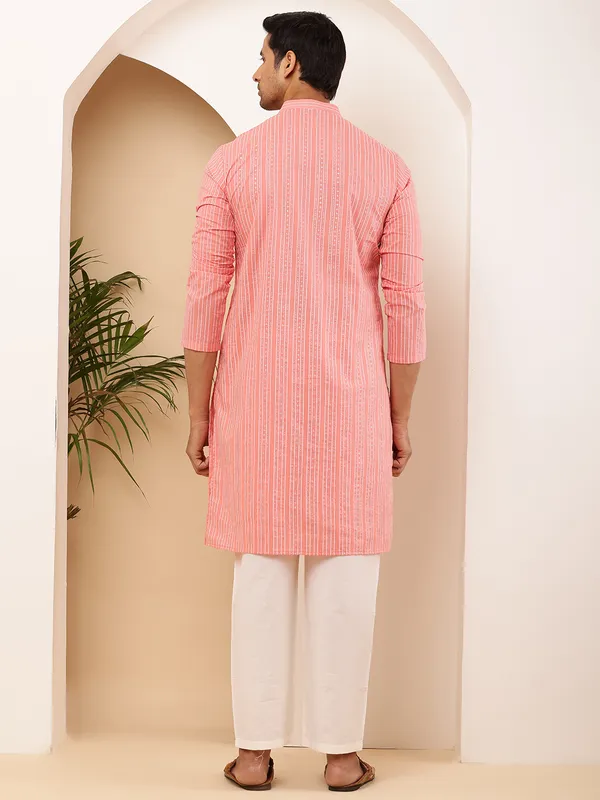 Coral_Pink_Cotton_All-Over_Print_Kurta_For_Men