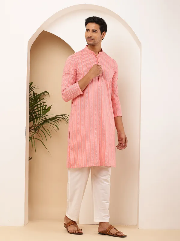Coral_Pink_Cotton_All-Over_Print_Kurta_For_Men