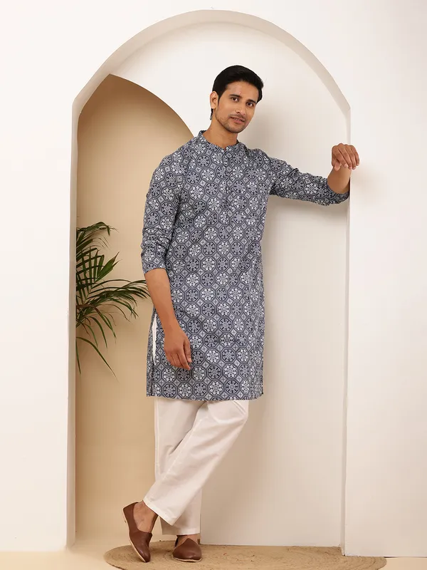 Steel_Blue_Viscose_Blend_Subtle_Texture_Kurta_For_Men