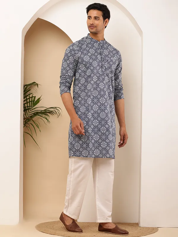 Steel_Blue_Viscose_Blend_Subtle_Texture_Kurta_For_Men