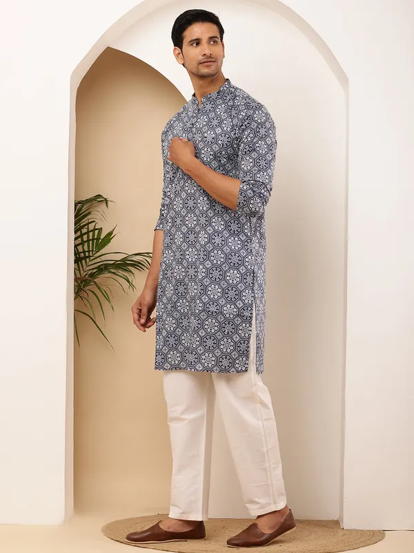 Steel_Blue_Viscose_Blend_Subtle_Texture_Kurta_For_Men