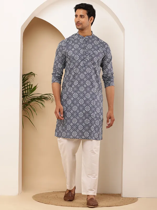 Steel_Blue_Viscose_Blend_Subtle_Texture_Kurta_For_Men