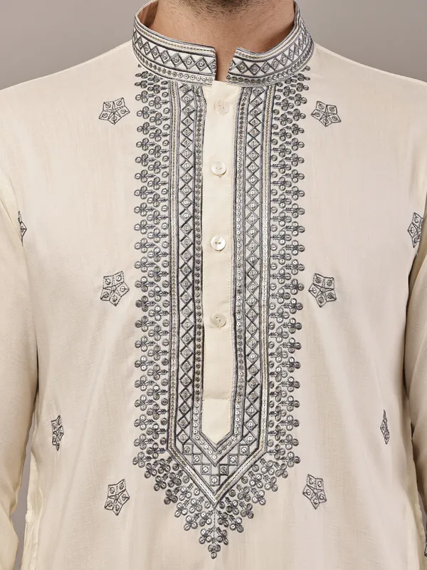 Cream_Embroidered_Kurta_Set_with_Cream_Pajama_For_Men