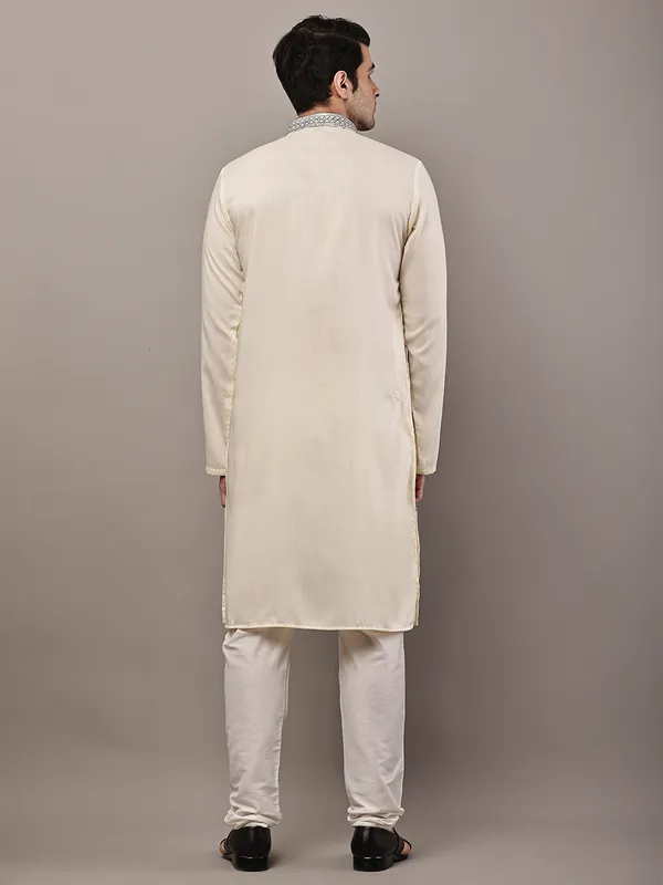 Cream_Embroidered_Kurta_Set_with_Cream_Pajama_For_Men