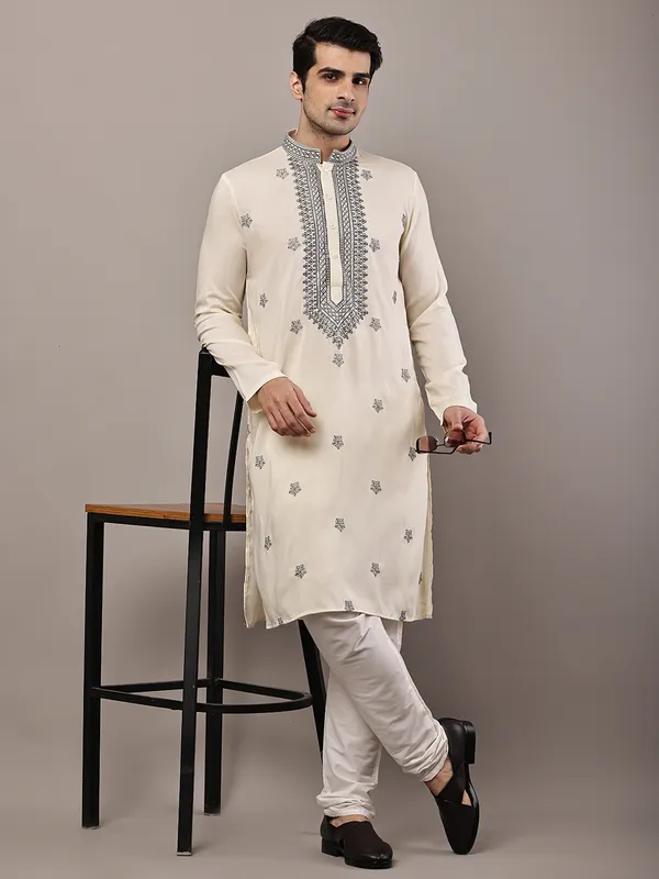 Cream_Embroidered_Kurta_Set_with_Cream_Pajama_For_Men