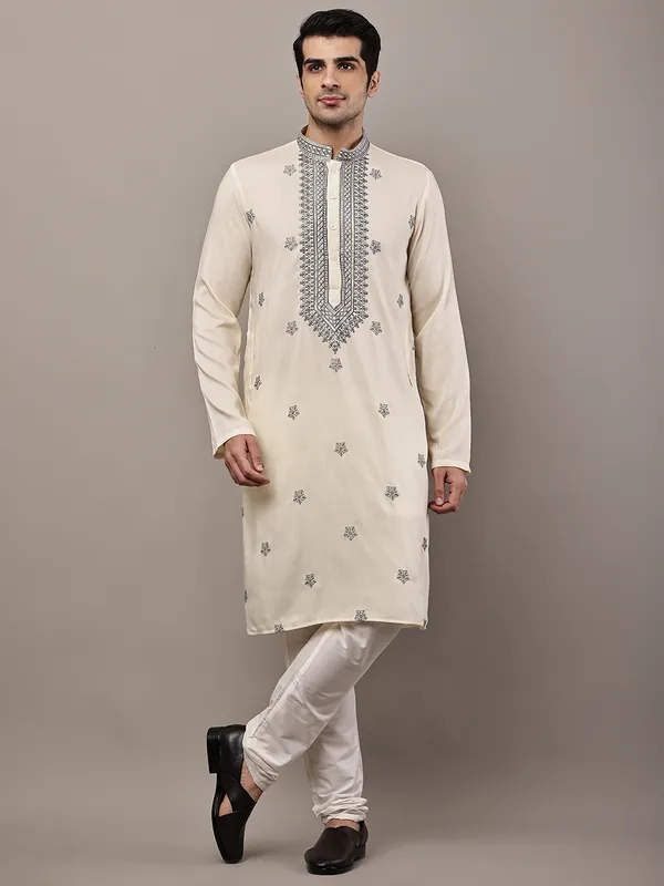 Cream_Embroidered_Kurta_Set_with_Cream_Pajama_For_Men
