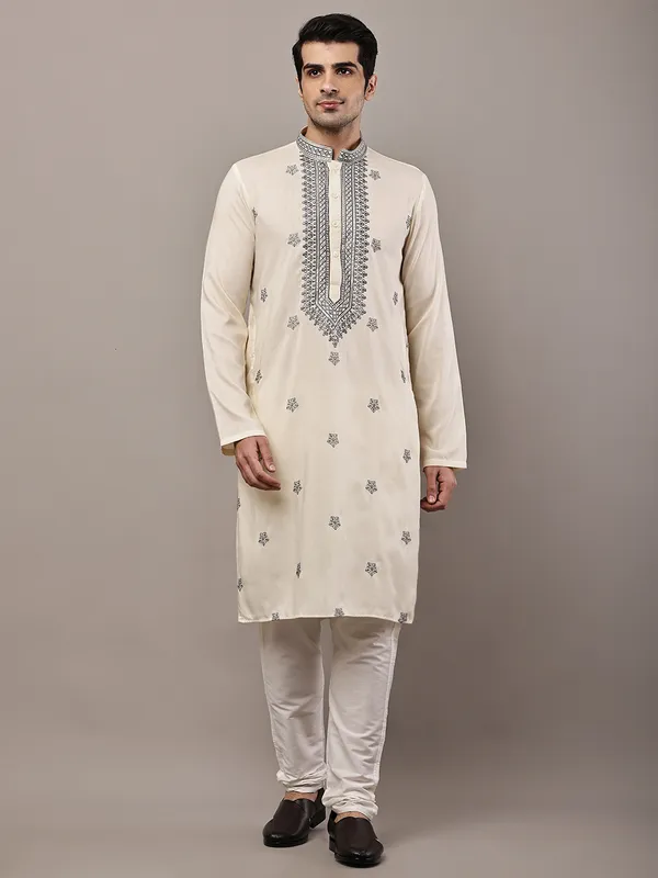 Cream_Embroidered_Kurta_Set_with_Cream_Pajama_For_Men