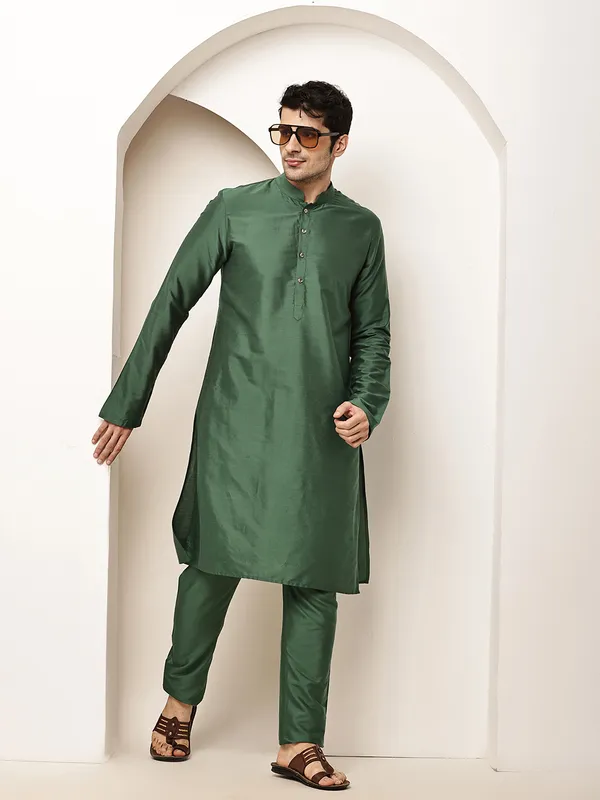 Green_Straight_Viscose_Silk_Kurta_For_Men