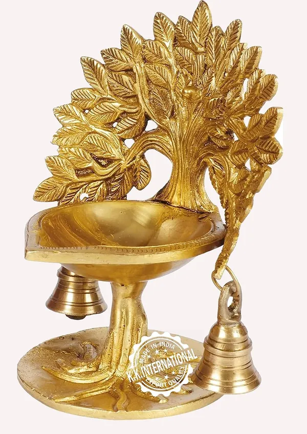 Handcrafted_Brass_Deepak_With_Kalpavriksha_Tree_&_Hanging_Bells_–_7_Inches_Oil_Lamp