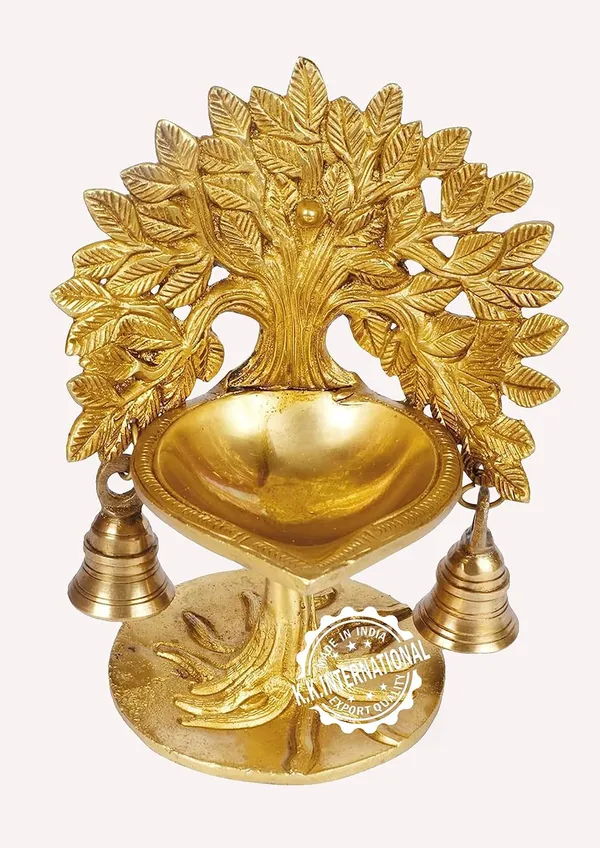 Handcrafted_Brass_Deepak_With_Kalpavriksha_Tree_&_Hanging_Bells_–_7_Inches_Oil_Lamp