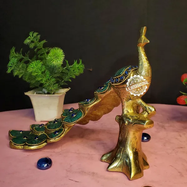 Brass_Peacock_Figurine,_Home_Decor_Gift_Statue,_Large_Size_With_Stone_Work_With_Base_Showpiece